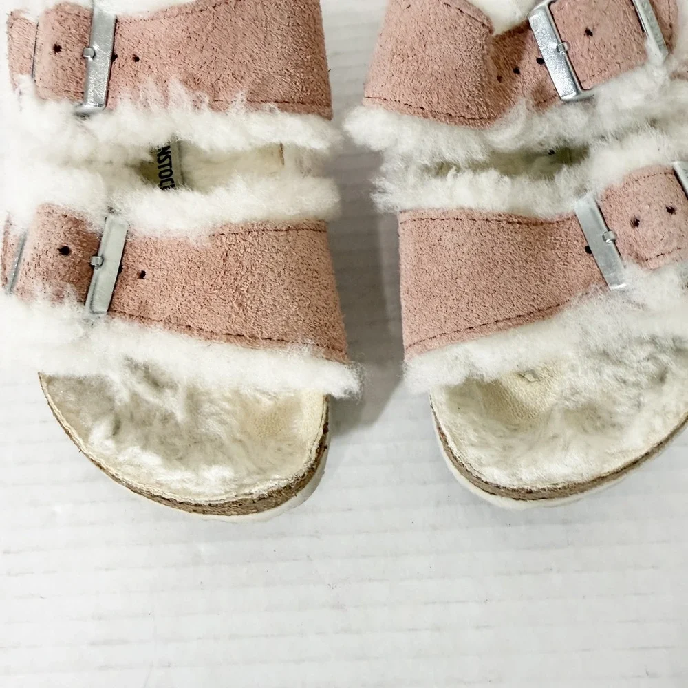 Birkenstock Arizona Shearling Pink Suede Two Strap Slide Sandals Womens Size 5